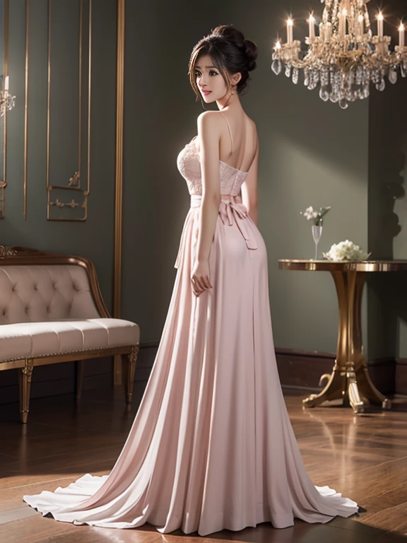 Only One Woman, Are standing, (Remember) (From behind), (A pale pink flared dress fluttering in the wind),(((The hem of a skirt fluttering at the feet))),stylish, Sash belt, Mature Woman, /(Light Brown Hair Buns/) bangs, A kind smile, (Mouth closed), (Top quality masterpiece:1.2) Delicate illustrations, Very detailed, Big Holiday (luxurious venue) indoor, Crowded, chandelier, Detailed Background,manolo high heels,