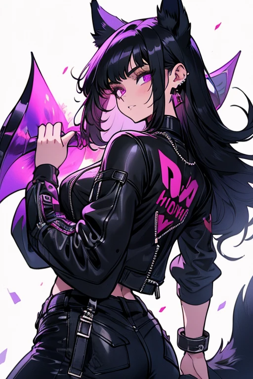 A black haired woman with purple eyes and an hourglass figure with black fox ears and a black fox tail in a cool leather jacket and jean outfit is holding a trophy in a sea of confetti