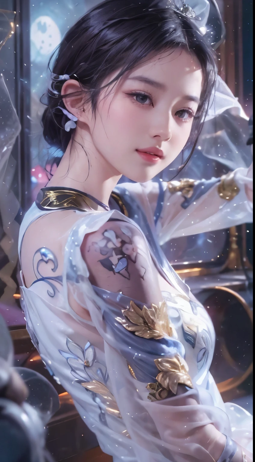 1 girl,(improve quality:1.4),(Top quality real texture skin), Delicate face,Black Hair, Gradient hair, Body,(Perfect body:1.1), There is a gem on the forehead, Rimless glasses, sparkling pupils,Long eyelashes,Grin, Hyperrealism, Movie Lighting, Projection Insertion, Surrealism, Ultra HD, masterpiece, 16K,lie,dream,Wearing sheer silk pajamas,cametto,Open your legs slightly,Tattoos are,Fantasy Space,Luxurious space