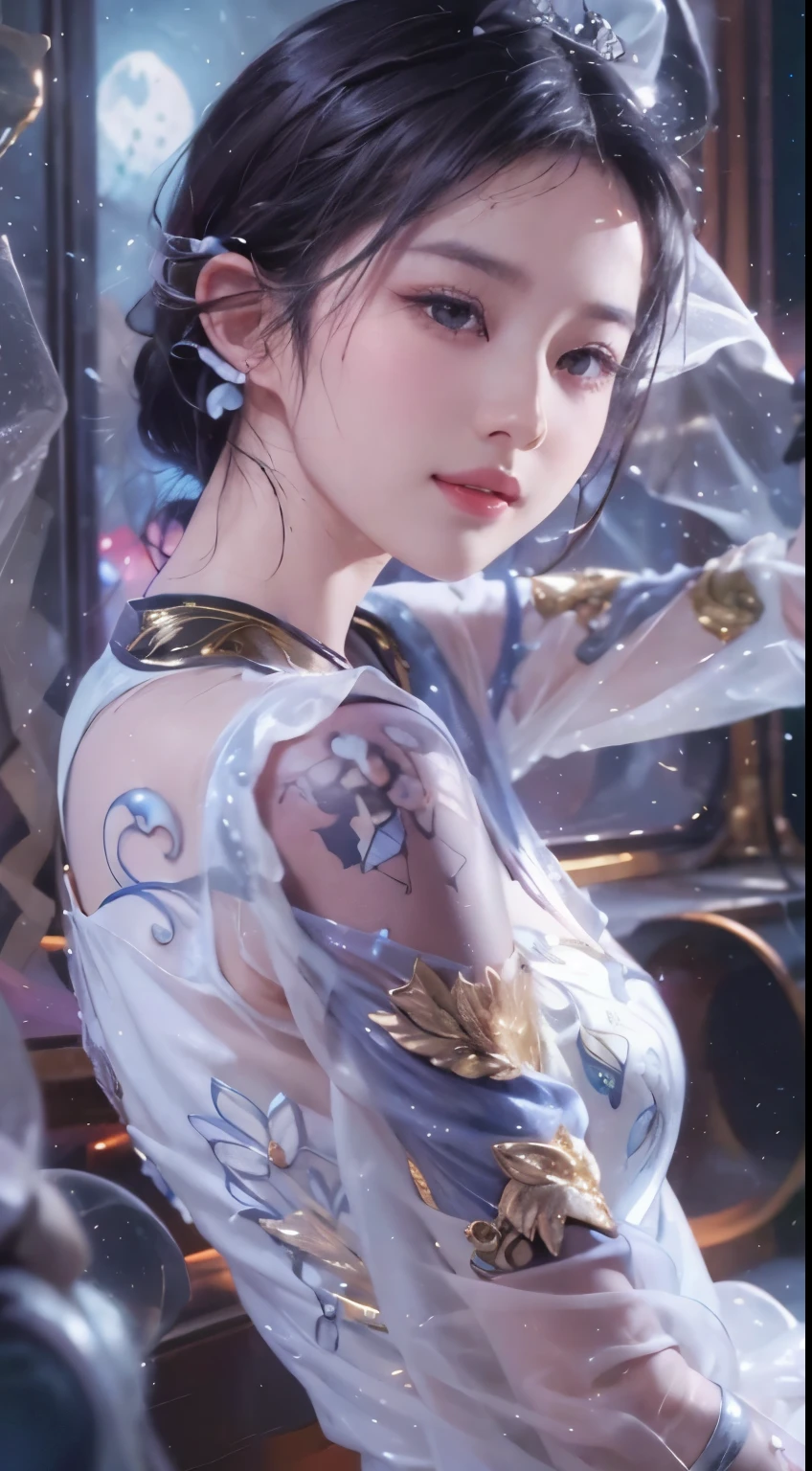 1 girl,(improve quality:1.4),(Top quality real texture skin), Delicate face,Black Hair, Gradient hair, Body,(Perfect body:1.1), There is a gem on the forehead, Rimless glasses, sparkling pupils,Long eyelashes,Grin, Hyperrealism, Movie Lighting, Projection Insertion, Surrealism, Ultra HD, masterpiece, 16K,lie,dream,Wearing sheer silk pajamas,cametto,Open your legs slightly,Tattoos are,Fantasy Space,Luxurious space
