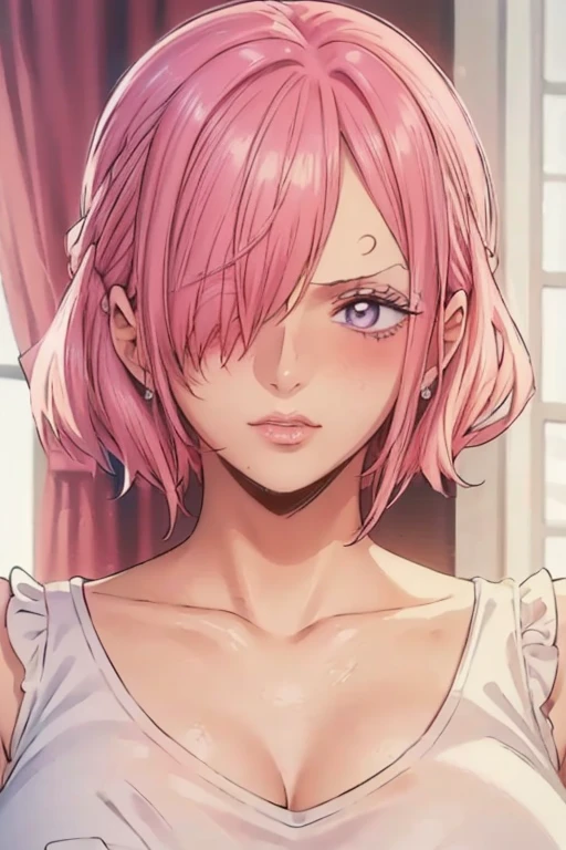 (((masterpiece))), (((best quality))), ((ultra-detailed)), (highly detailed CG illustration), vinsmoke reiju, , (masterpiece:1.5), Detailed Photo, Sexy, (Best Quality: 1.4), (1girl), Beautiful Face, (Pink Hair, short Hair: 1.3), Beautiful Hairstyle, beautiful detail eyes, (realistic skin), beautiful skin, absurd, attractive, ultra high resolution, high definition, (sexually aroused:1.5), Pinkish white skin, cool white light, sexy pose, Beautiful , white background, pink soft white light, Wear a white tank top and white underwear, (Hair covering right eye:1.5), happy face, (ahegao:1.3)