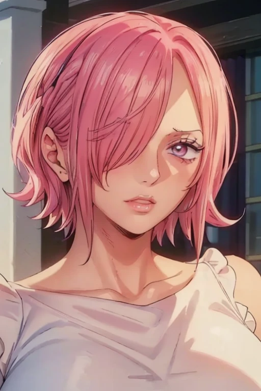 (((masterpiece))), (((best quality))), ((ultra-detailed)), (highly detailed CG illustration), vinsmoke reiju, , (masterpiece:1.5), Detailed Photo, Sexy, (Best Quality: 1.4), (1girl), Beautiful Face, (Pink Hair, short Hair: 1.3), Beautiful Hairstyle, beautiful detail eyes, (realistic skin), beautiful skin, absurd, attractive, ultra high resolution, high definition, (sexually aroused:1.5), Pinkish white skin, cool white light, sexy pose, Beautiful , white background, pink soft white light, Wear a white tank top and white underwear, (Hair covering right eye:1.5), happy face, (ahegao:1.3)