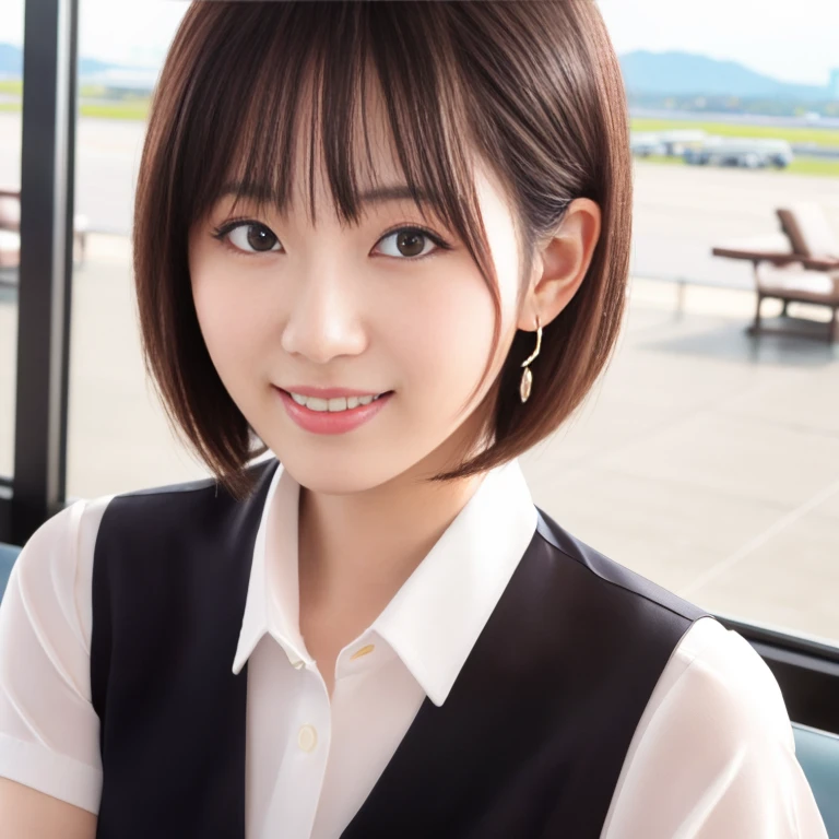 masterpiece、highest quality、High resolution、Tabletop、wallpaper、Realistic、Professional Lighting、Face Light、Smooth lighting、Japanese women、Beautiful woman、Age 25、Beautiful Skin、Beautiful and detailed、Detailed face、short hair、Black Hair、Brown eyes、Looking at the camera、Upper Body Shot, A stylish cafe terrace inside the airport, 1 girl, 若くて美しいJapanese women, Short Bob Hair, Super cute face,Wearing a short-sleeved satin silk white shirt with a collar, Lots of smiles on the airport cafe terrace, Glossy Lips, Double eyelids on both eyes, Natural Makeup, Long eyelashes, shiny smooth black hair、Attention to detail, Detailed hairstyle, Perfect body,Before you leave for your trip abroad