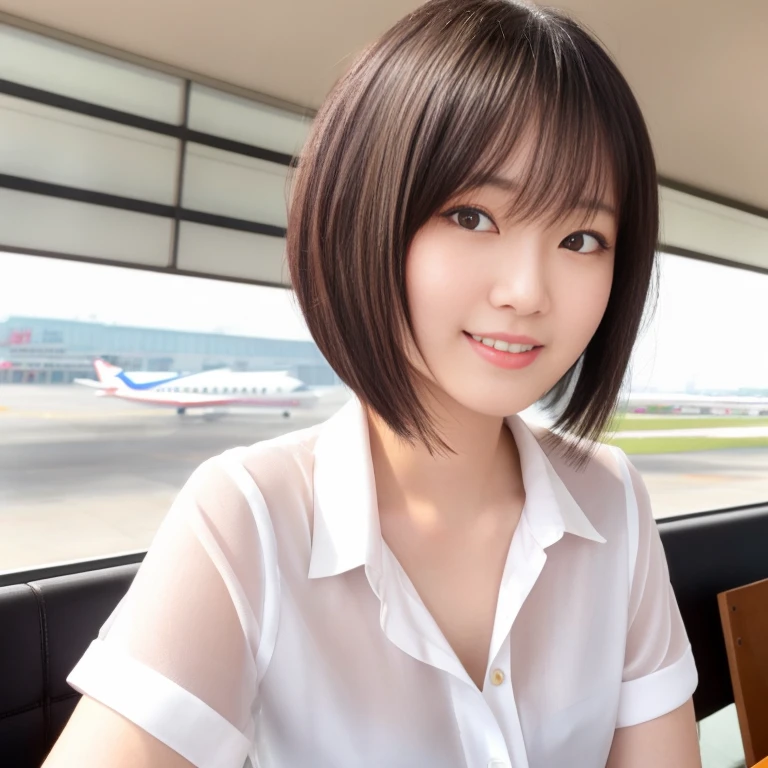 masterpiece、highest quality、High resolution、Tabletop、wallpaper、Realistic、Professional Lighting、Face Light、Smooth lighting、Japanese women、Beautiful woman、Age 25、Beautiful Skin、Beautiful and detailed、Detailed face、short hair、Black Hair、Brown eyes、Looking at the camera、Upper Body Shot, A stylish cafe terrace inside the airport, 1 girl, 若くて美しいJapanese women, Short Bob Hair, Super cute face,Wearing a short-sleeved satin silk white shirt with a collar, Lots of smiles on the airport cafe terrace, Glossy Lips, Double eyelids on both eyes, Natural Makeup, Long eyelashes, shiny smooth black hair、Attention to detail, Detailed hairstyle, Perfect body,Before you leave for your trip abroad