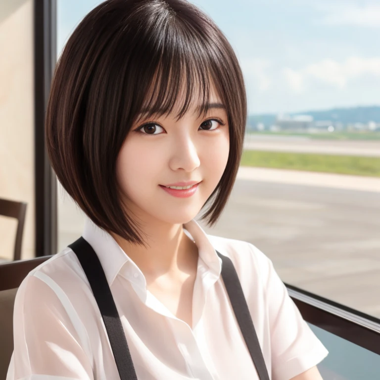 masterpiece、highest quality、High resolution、Tabletop、wallpaper、Realistic、Professional Lighting、Face Light、Smooth lighting、Japanese women、Beautiful woman、Age 25、Beautiful Skin、Beautiful and detailed、Detailed face、short hair、Black Hair、Brown eyes、Looking at the camera、Upper Body Shot, A stylish cafe terrace inside the airport, 1 girl, 若くて美しいJapanese women, Short Bob Hair, Super cute face,Wearing a short-sleeved satin silk white shirt with a collar, Lots of smiles on the airport cafe terrace, Glossy Lips, Double eyelids on both eyes, Natural Makeup, Long eyelashes, shiny smooth black hair、Attention to detail, Detailed hairstyle, Perfect body,Before you leave for your trip abroad