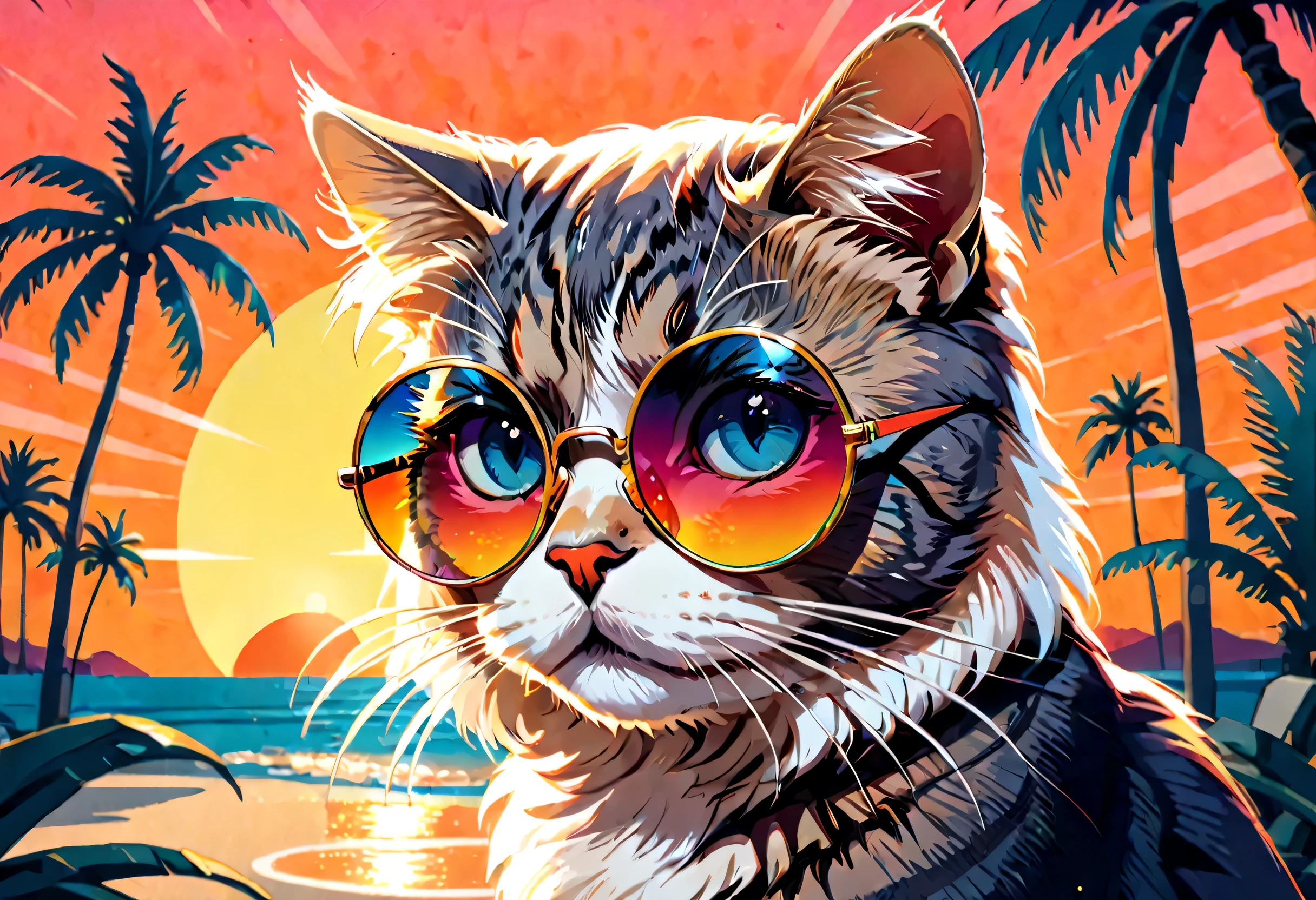 Cat sunglasses at sunset with palm trees in background, eyes not visible. Illustration, 16K, retro vintage style, circle, illustration, conceptual art