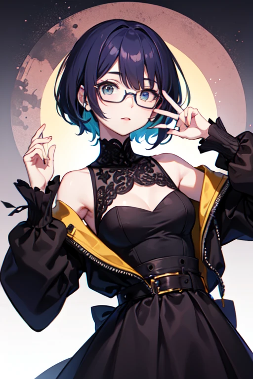 un primer plano de una persona con pelo largo y gafas, Moe anime art style, estilo anime 2d, chica anime, (chica anime), chica anime with teal hair, portrait, short hair, an chica anime, nocturno, high quality anime art style, ojos celestes , cabello largo hadta las rodillas  negro con puntas celestes, cenos grandes, small waist, caderas grandes.