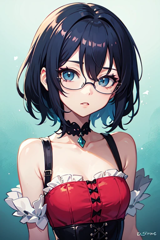 un primer plano de una persona con pelo largo y gafas, Moe anime art style, estilo anime 2d, chica anime, (chica anime), chica anime with teal hair, portrait, short hair, an chica anime, nocturno, high quality anime art style, ojos celestes , cabello largo hadta las rodillas negro con puntas celestes, cenos grandes, small waist, caderas grandes.