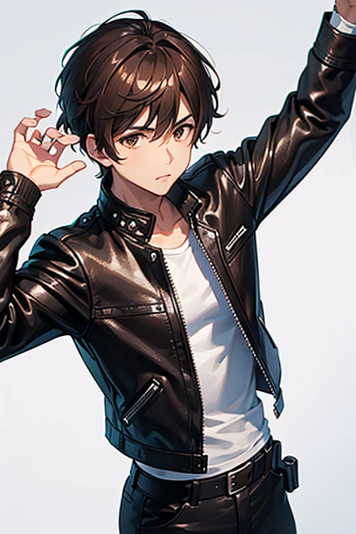 1man, brown eyes, brown short hair, black leather jacket, white shirt, old, holding pistol