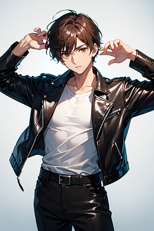 1man, brown eyes, brown short hair, black leather jacket, white shirt, old, holding pistol