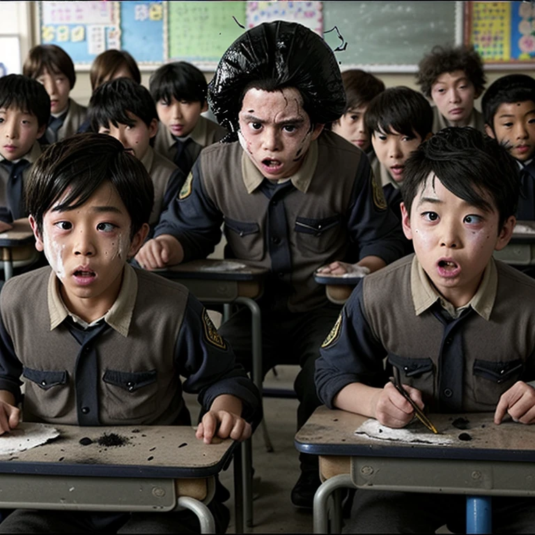 Caught in a bomb explosion in a classroom、Covered in soot、A comedy film about elementary school boys whose hair gets burned..