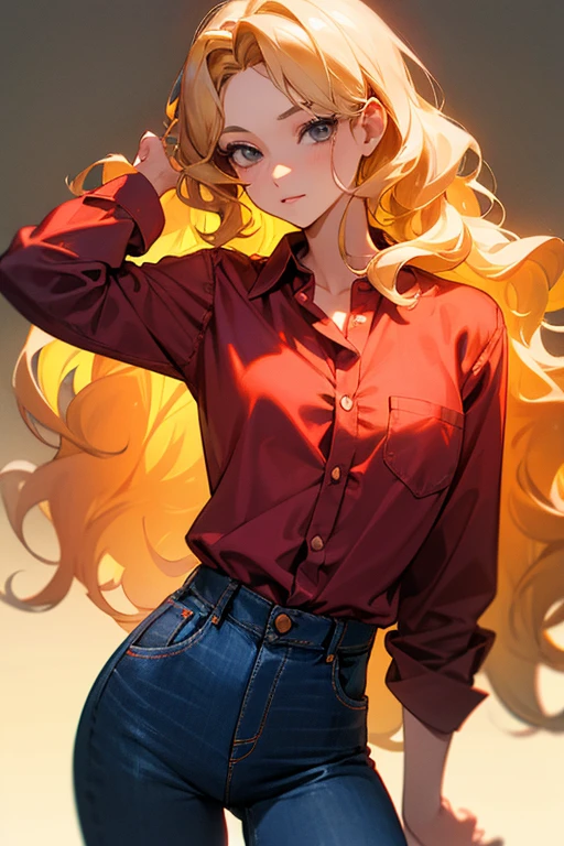 One Woman, blonde hair, wavy hair, shoulder length hair, grey eyes, red button down shirt, blue jeans
