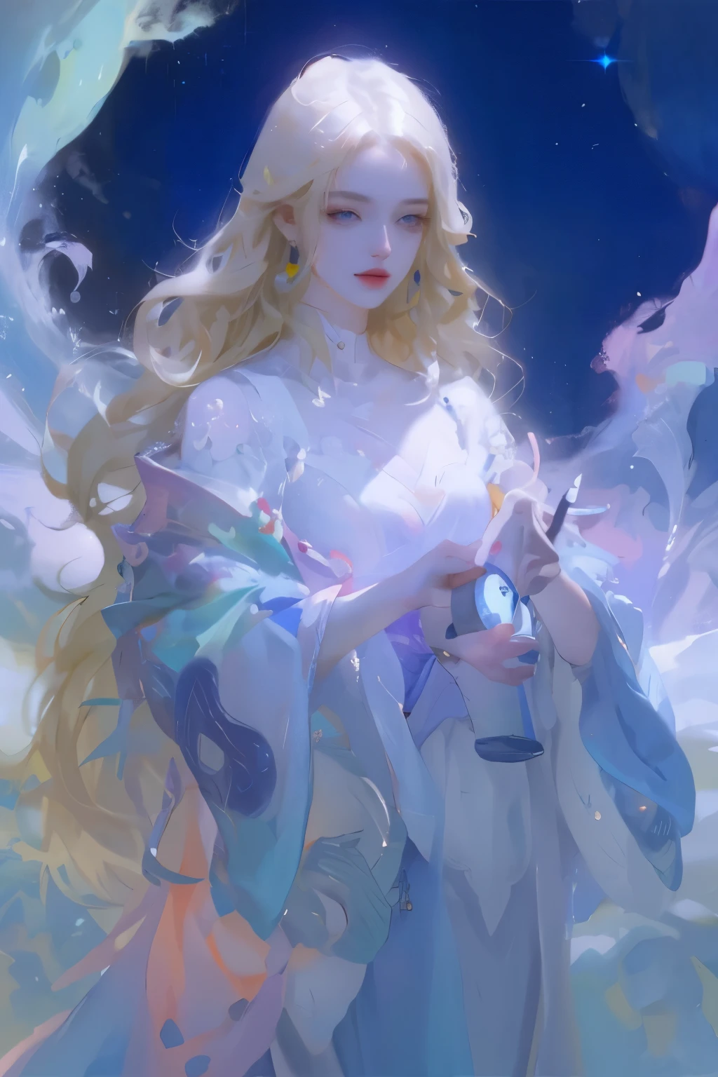 There was a woman in a white dress holding a music box, Artwork in the style of Guweiz, Guweiz on Pixiv ArtStation, Guweiz on Artstation Pixiv, guweiz, Fantasy art style, guweiz masterpiece, Beautiful and elegant queen, Beautiful character painting, Detailed digital anime art, Blonde Princess, white hair, Sky blue eyes, Pink lips