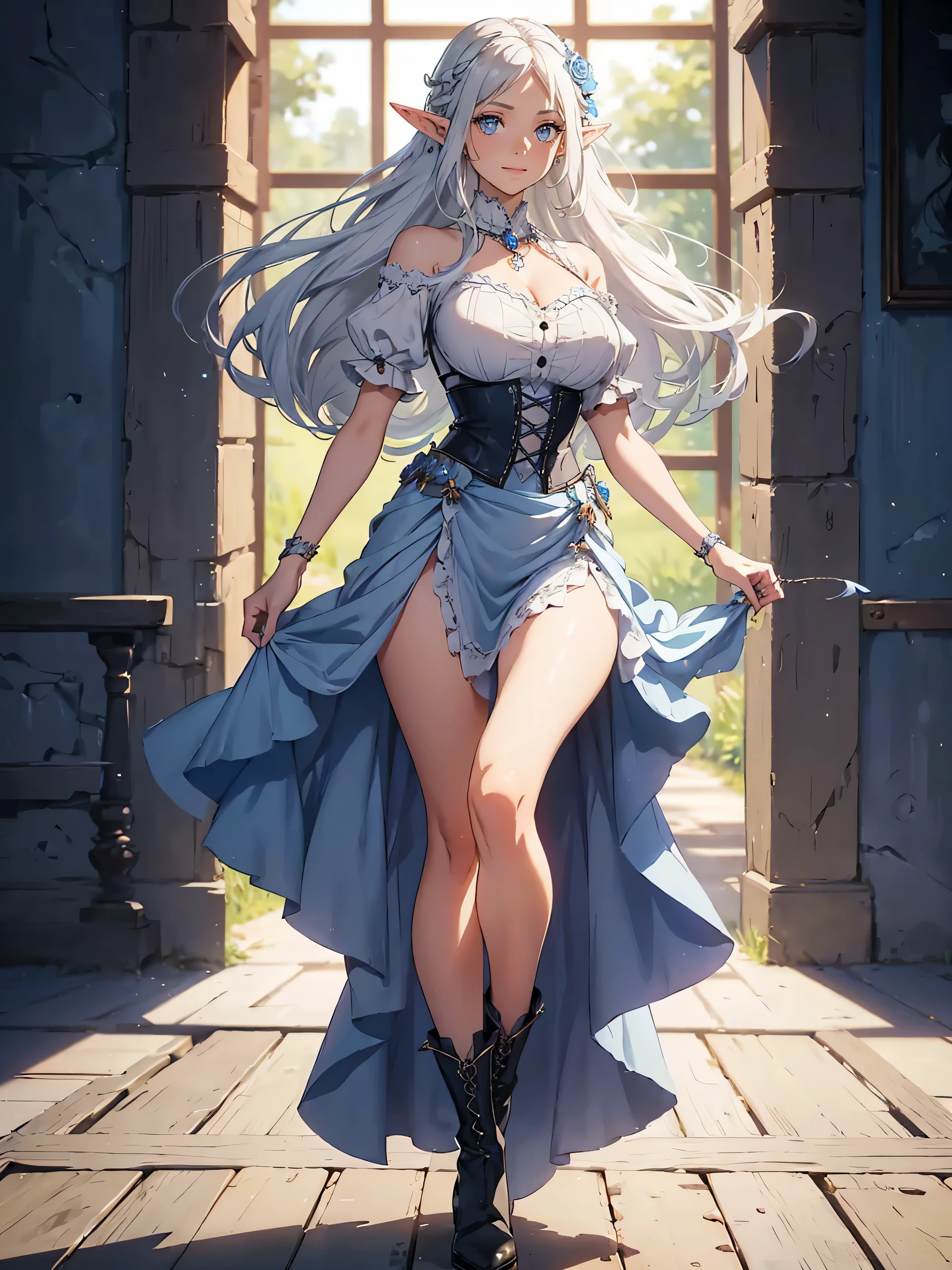 [White: Aqua Blue: 0.65] theme, masterpiece, mature masterpiece, detailed visual art, blue eyes, silver hair, long hair, elf ears, black-brown skin, collarbone, queen, mature, elegant, gorgeous tight-fitting dress, corset piercing, detailed layered skirt, [detailed frills: 0.1], [frilled dress: 0.1], embroidery, [detail skirt: 0.1], bare shoulders, bare breasts: 1.3, open crotch, thigh seams, groin, no panties, high heeled over-the-knee boots, [ NSFW|uncensored], (simple background: 1.1), low-winged, full-body