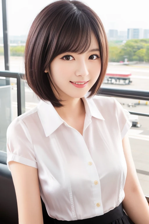 masterpiece、highest quality、High resolution、Tabletop、wallpaper、Realistic、Professional Lighting、Face Light、Smooth lighting、Japanese women、Beautiful woman、Age 25、Beautiful Skin、Beautiful and detailed、Detailed face、short hair、Black Hair、Brown eyes、Looking at the camera、Upper Body Shot, A stylish cafe terrace inside the airport, 1 girl, 若くて美しいJapanese women, Short Bob Hair, Super cute face,Wearing a short-sleeved satin silk white shirt with a collar, Lots of smiles on the airport cafe terrace, Glossy Lips, Double eyelids on both eyes, Natural Makeup, Long eyelashes, shiny smooth black hair、Attention to detail, Detailed hairstyle, Perfect body,Before you leave for your trip abroad