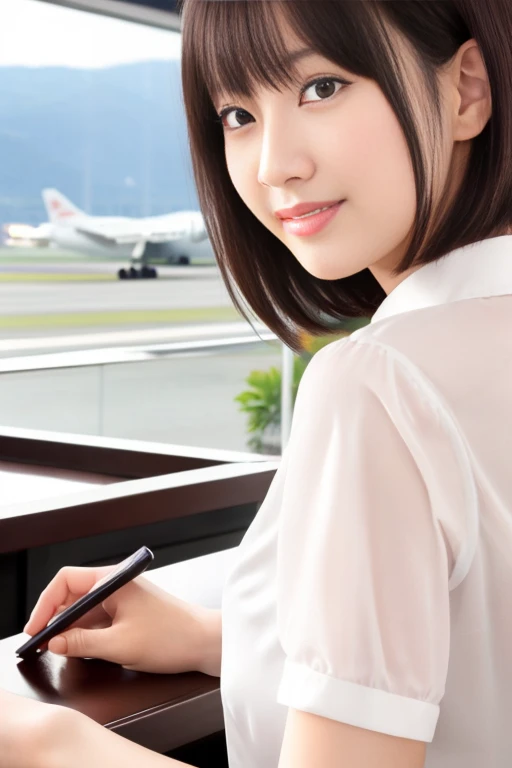 masterpiece、highest quality、High resolution、Tabletop、wallpaper、Realistic、Professional Lighting、Face Light、Smooth lighting、Japanese women、Beautiful woman、Age 25、Beautiful Skin、Beautiful and detailed、Detailed face、short hair、Black Hair、Brown eyes、Looking at the camera、Upper Body Shot, A stylish cafe terrace inside the airport, 1 girl, 若くて美しいJapanese women, Short Bob Hair, Super cute face,Wearing a short-sleeved satin silk white shirt with a collar, Lots of smiles on the airport cafe terrace, Glossy Lips, Double eyelids on both eyes, Natural Makeup, Long eyelashes, shiny smooth black hair、Attention to detail, Detailed hairstyle, Perfect body,Before you leave for your trip abroad