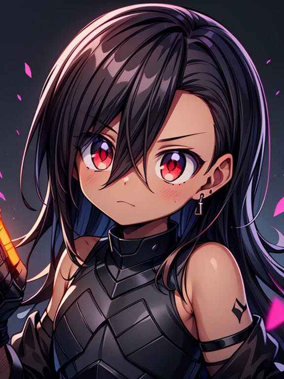 Masterpiece High res, high definition, (((dark skin tone))),dark skin male, dark skin, cute shota,red eyes, dark brown hair, medium dark brown hair,wearing a black exoskeleton, detached sleeves, black armoured Gauntlets, black tech jacket, black bodysuit,black exoskeleton, black fingerless gloves, blue gems, close up