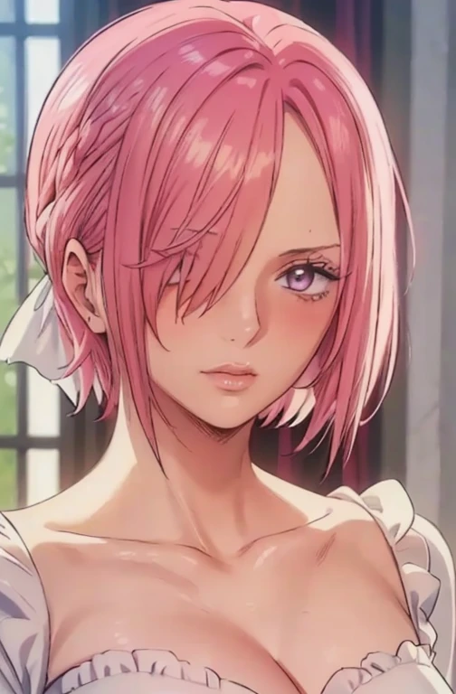 (((masterpiece))), (((best quality))), ((ultra-detailed)), (highly detailed CG illustration), vinsmoke reiju, , (masterpiece:1.5), Detailed Photo, Sexy, (Best Quality: 1.4), (1girl), Beautiful Face, (Pink Hair, short Hair: 1.3), Beautiful Hairstyle, beautiful detail eyes, (realistic skin), beautiful skin, absurd, attractive, ultra high resolution, high definition, (sexually aroused:1.5), Pinkish white skin, cool white light, sexy pose, Beautiful , white background, pink soft white light, Wear a white dress, (Hair covering right eye:1.5), 