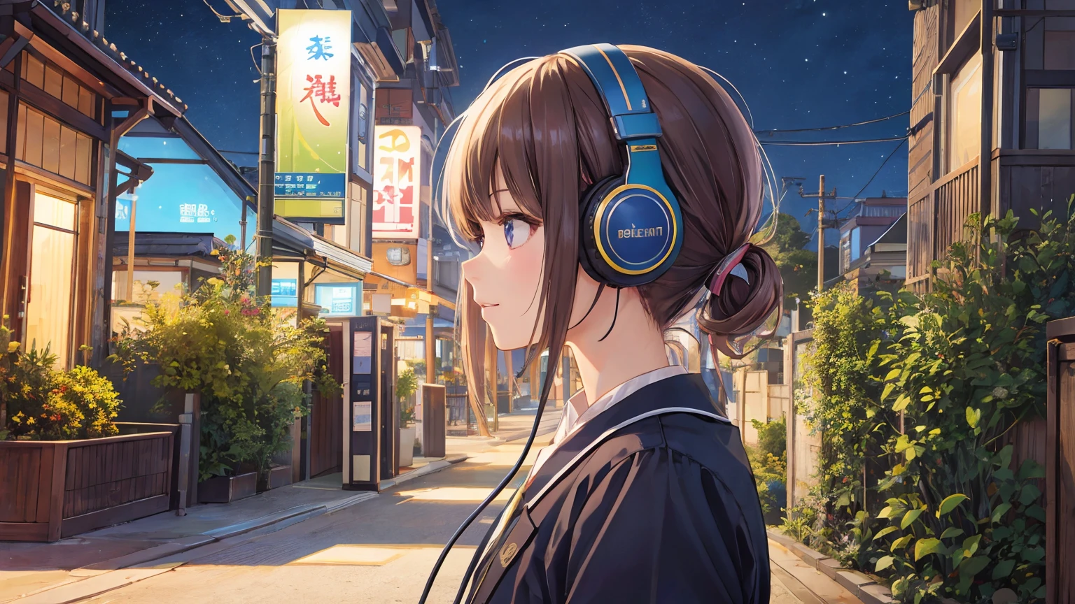 (One girl:1.4), very cute, Great face and eyes、Beautiful lovely smile), (Very detailed美しい顔), bright shining lips, (Headphones、profile:1.3), (highest quality:1.4), (super high quality), (Very detailed), (Surreal, Photorealistic:1.37), Real skin texture, Intricate details, Very detailed CG 統合 8k 壁紙, RAW Photos, Professional photography, Cinema Lighting, Expose、Fantastic Tokyo、garden、Late Night、chill out、City Pop、Retro、Sepia、Walking sideways，Oil paint