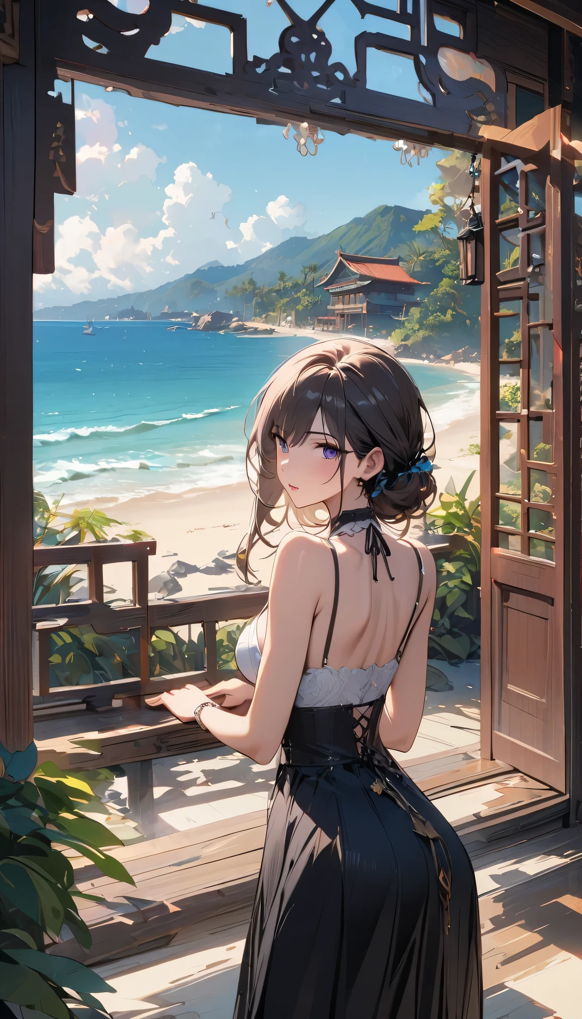 Best quality,4k,masterpiece,Traditional Chinese wooden buildings near the beach,ornate carvings,Exquisite lattice windows,Peaceful atmosphere,Tranquil sea breeze,Sunlight,plant,Vibrant colors,Natural and architectural,A fusion of traditional and modern elements,Girl,Beautiful coastal landscape,Golden sand,Peaceful beach,natural beauty,Timeless elegance,Unique charm