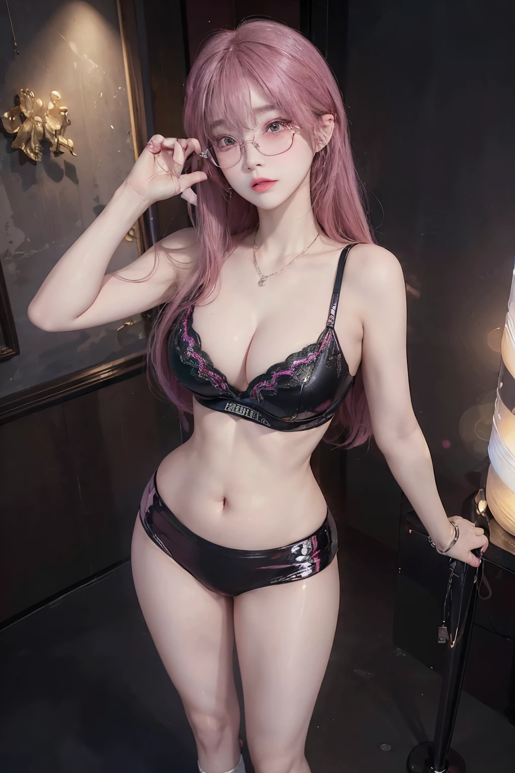 1 korean high borne girl, ((look camera, eyes half closed)), lighting(realistic path tracing, high light), (Masterpiece, Best Quality, photo realistic, 8K resolution), face((blushed face):1.4), hair(pink hair), body(slender body, perky nipples, slim abs), ((firm rounded breasts, shiny skin):1.2), clothes((luxury black underwear with deep cleavage, luxury necklace):1.2), high detail, shiny skin, wearing glasses, (standing pose:1.8)