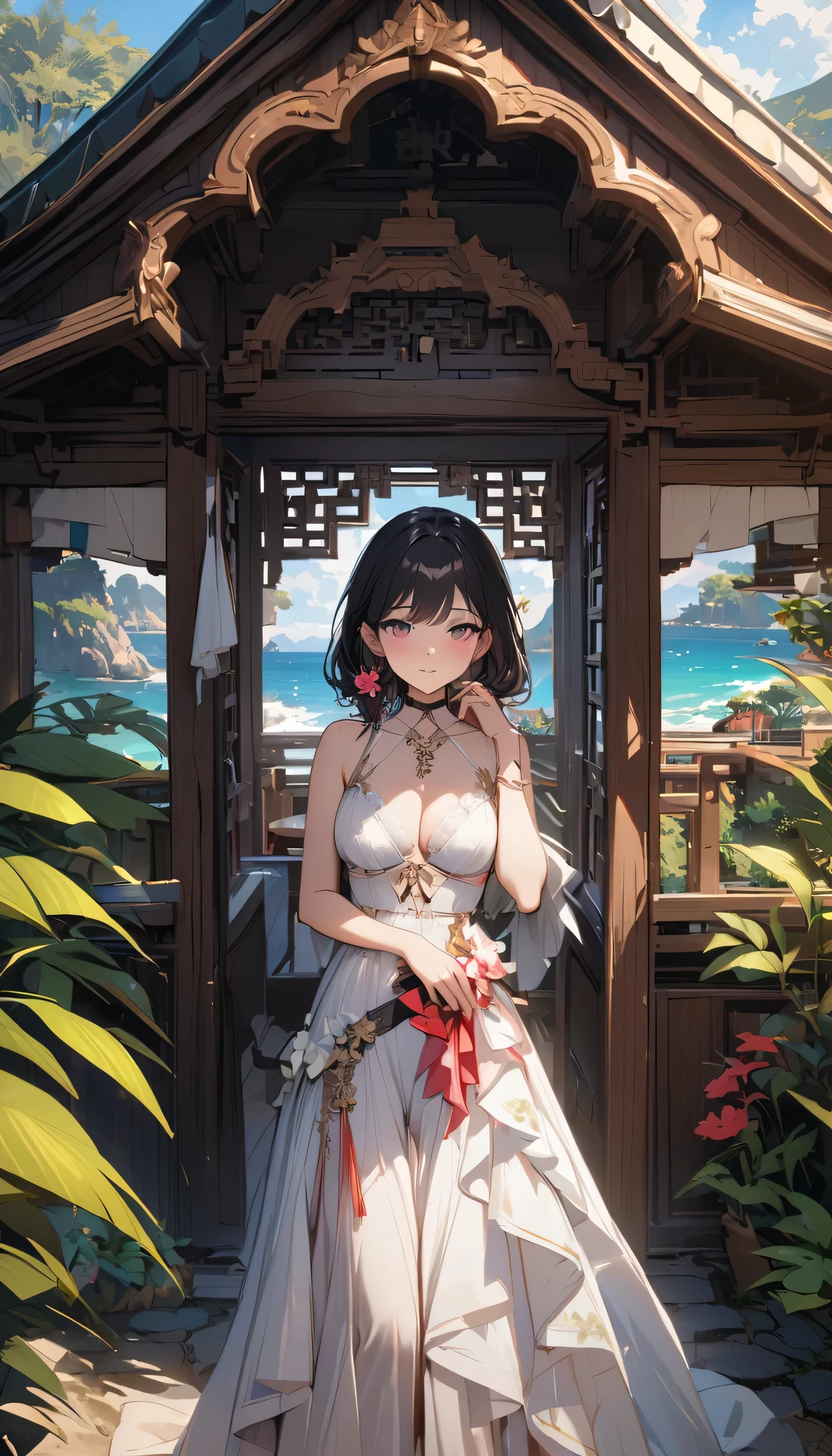Best quality,4k,masterpiece,Traditional Chinese wooden buildings near the beach,ornate carvings,Exquisite lattice windows,Peaceful atmosphere,Tranquil sea breeze,Sunlight,plant,Vibrant colors,Natural and architectural,A fusion of traditional and modern elements,Girl,Beautiful coastal landscape,Golden sand,Peaceful beach,natural beauty,Timeless elegance,Unique charm