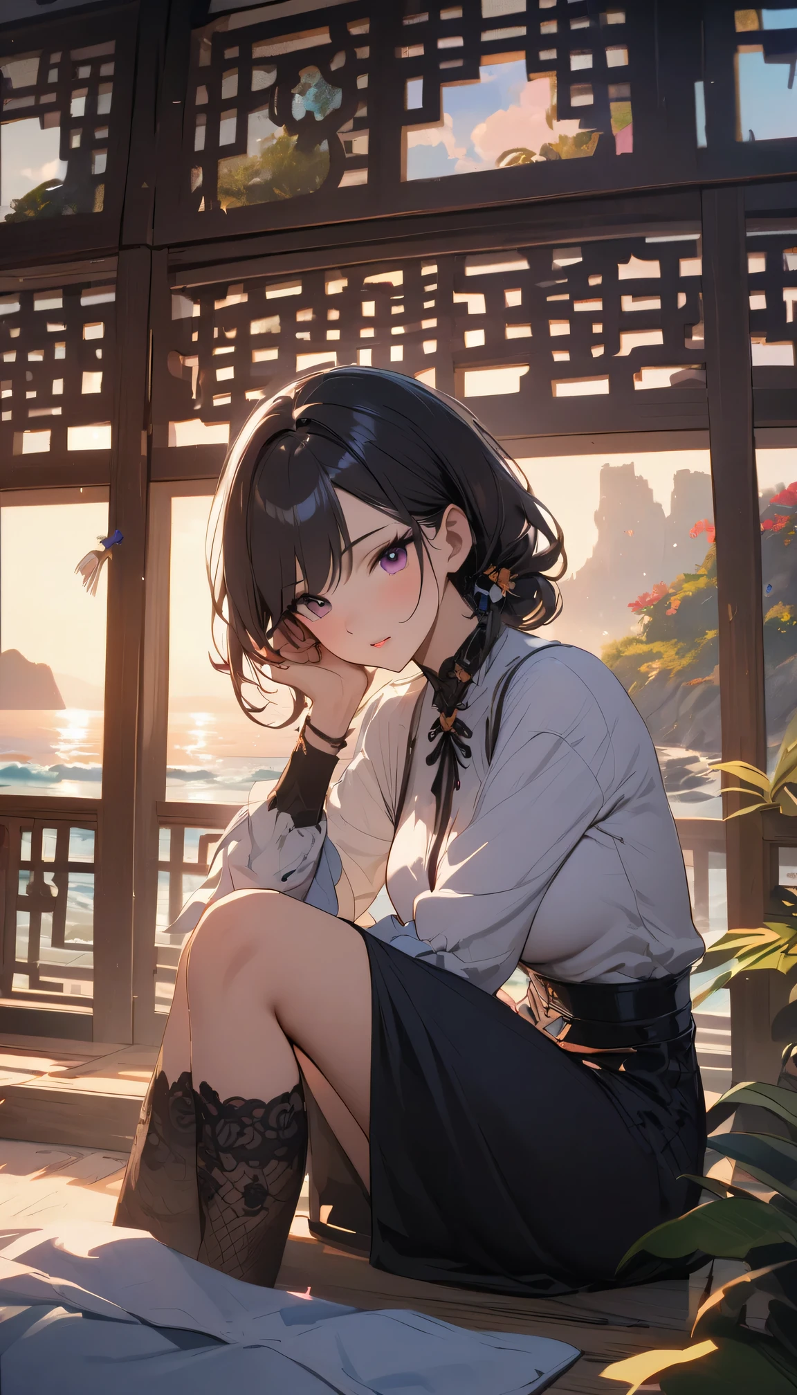 Best quality,4k,masterpiece,Traditional Chinese wooden buildings near the beach,ornate carvings,Exquisite lattice windows,Peaceful atmosphere,Tranquil sea breeze,Sunlight,plant,Vibrant colors,Natural and architectural,A fusion of traditional and modern elements,Girl,Beautiful coastal landscape,Golden sand,Peaceful beach,natural beauty,Timeless elegance,Unique charm