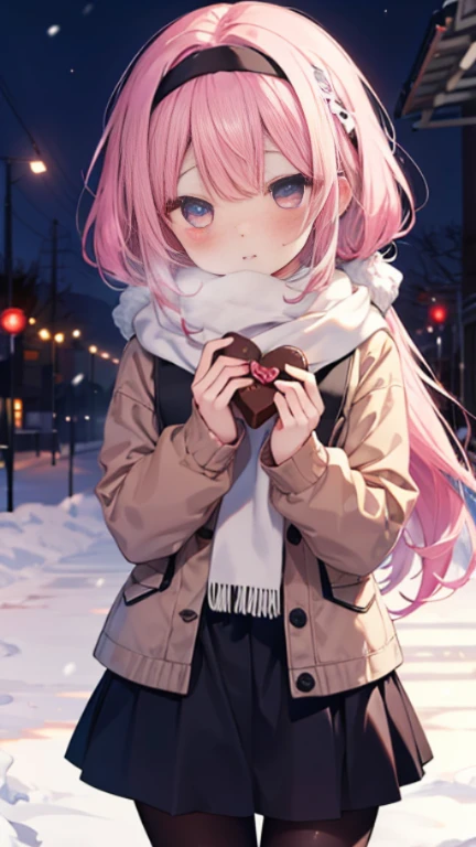 、、Shyness、blush、Embarrassing、blush、、、skirt、snow原、、snow、cold、scarf、scarfを巻く、降snow高解像度、Full HD、8K quality、、、Droopy eyes、、、Eye highlights、Bright Eyes、Clear Eyes、Beautiful Eyes、avert your eyes、Embarrassing、blush、、Eye highlights、、、Eye highlights、信じられないほどBeautiful Eyes、Black tights with pink lines、、、Valentine's Day、chocolate、両手で心臓型のchocolate持つ、、Confession、Pink Hair、Let your hair down、Straight hair、Long Hair、Black headband