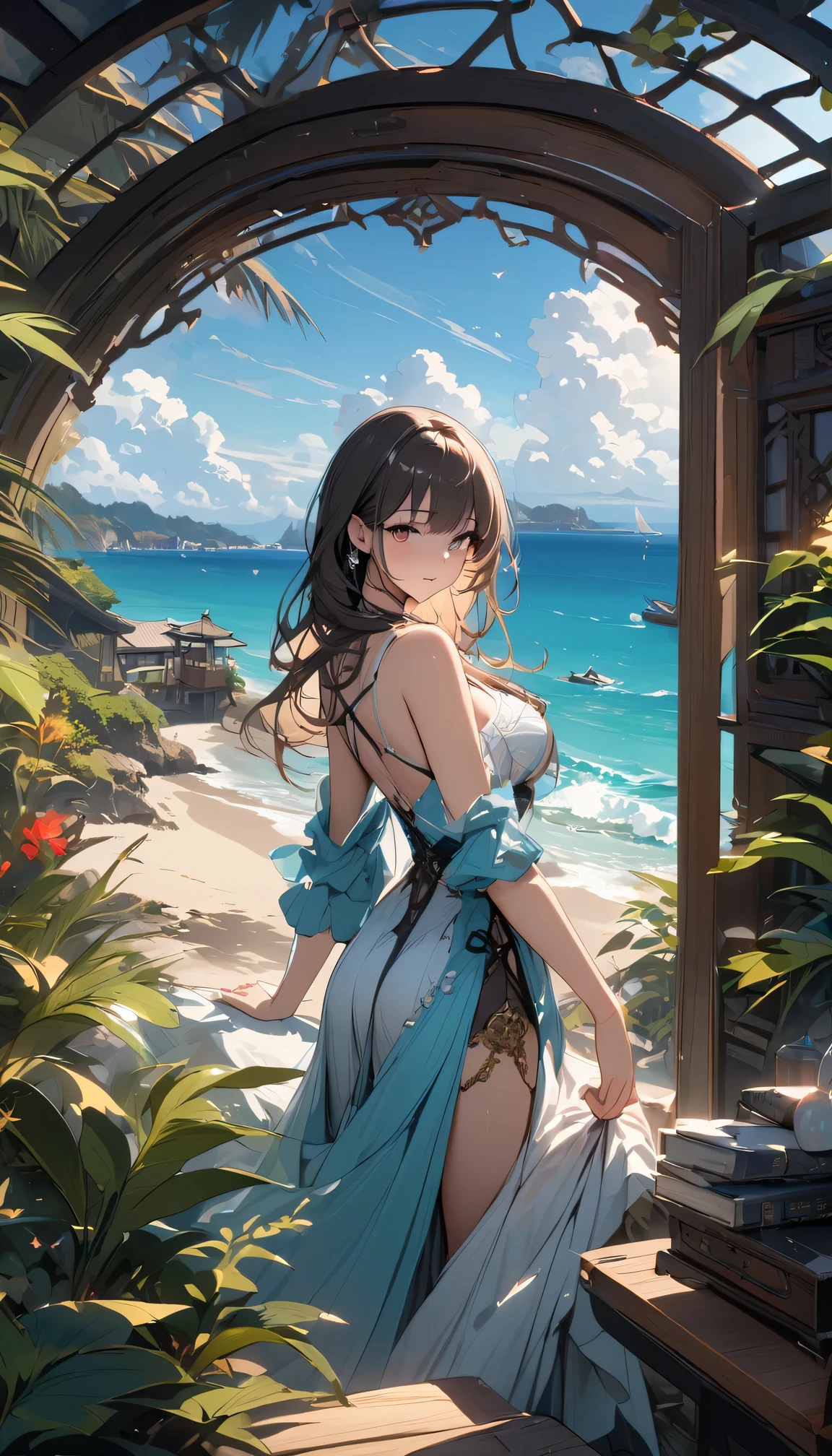 ((masterpiece))、((top-quality)、(Super Detail)、in 8K、Delicate depictions are filmed in anime style。
(Very long hair、Dark hair、Bright blue eyes)18year old、(full body:1.3)、poneyTail、Clear, Beautiful eyes、posterior view、Bikini with red floral pattern、Into the cloud、Dazzling sun、mare