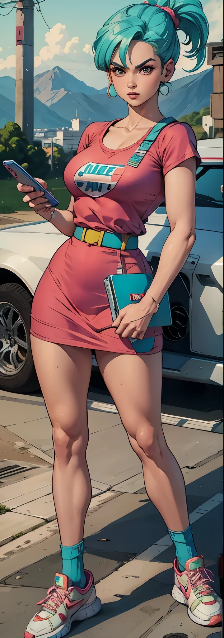 Bulma, Dragon Ball, muito linda, usando vestido rosa, com linhas pretas, escrito Bulma na altura dos peitos, with cell phone in hand, NIKE SNEAKERS