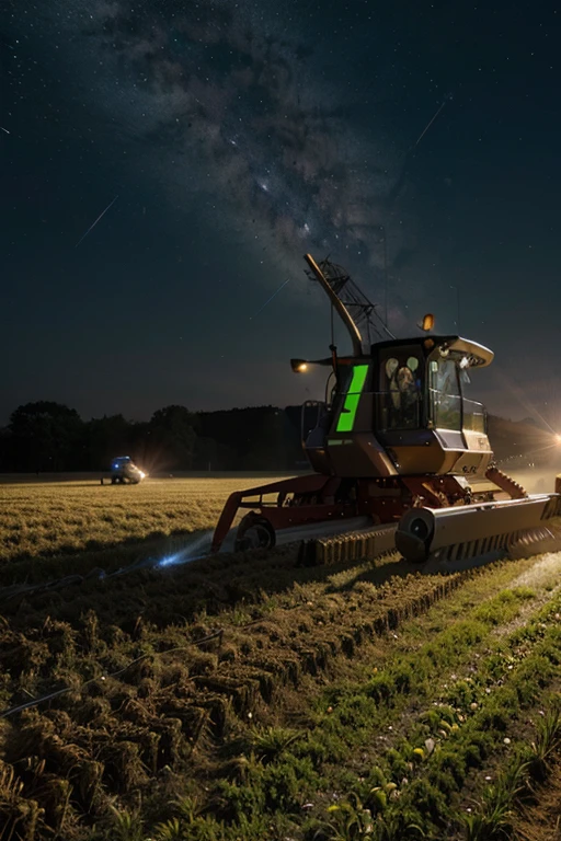 space farmer farming wheat with a laser mower in alien world