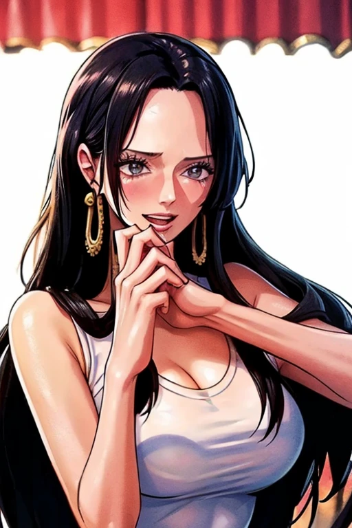 (((masterpiece))), (((best quality))), ((ultra-detailed)), (highly detailed CG illustration), Boa Hancock, (masterpiece:1.5), Detailed Photo, Sexy, (Best Quality: 1.4), (1girl), Beautiful Face, (Black Hair, long Hair: 1.3), Beautiful Hairstyle, beautiful detail eyes, (realistic skin), beautiful skin, absurd, attractive, ultra high resolution, high definition, (sexually aroused:1.5), Pinkish white skin, cool white light, sexy pose, Beautiful , white background, pink soft white light, Wear a white tank top, 