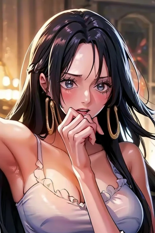 (((masterpiece))), (((best quality))), ((ultra-detailed)), (highly detailed CG illustration), Boa Hancock, (masterpiece:1.5), Detailed Photo, Sexy, (Best Quality: 1.4), (1girl), Beautiful Face, (Black Hair, long Hair: 1.3), Beautiful Hairstyle, beautiful detail eyes, (realistic skin), beautiful skin, absurd, attractive, ultra high resolution, high definition, (sexually aroused:1.5), Pinkish white skin, cool white light, sexy pose, Beautiful , white background, pink soft white light, Wear a white tank top,