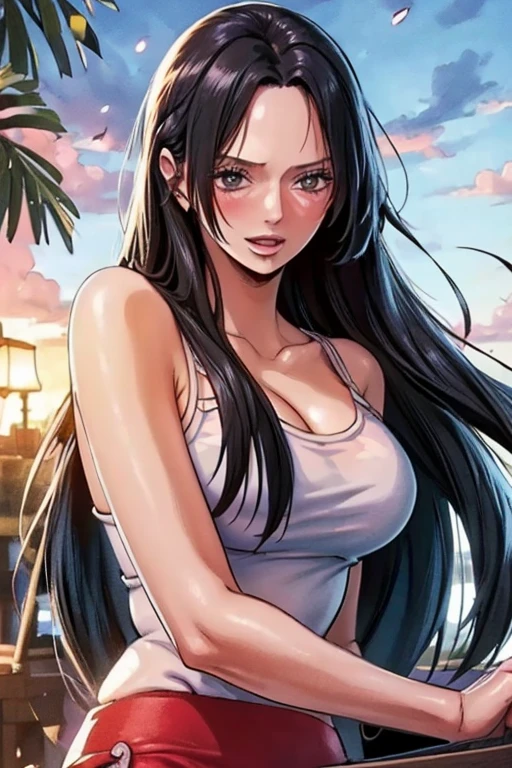 (((masterpiece))), (((best quality))), ((ultra-detailed)), (highly detailed CG illustration), Boa Hancock, (nsfw:1.4), (masterpiece:1.5), Detailed Photo, Sexy, (Best Quality: 1.4), (1girl), Beautiful Face, (Black Hair, long Hair: 1.3), Beautiful Hairstyle, beautiful detail eyes, (realistic skin), beautiful skin, absurd, attractive, ultra high resolution, high definition, (sexually aroused:1.5), Pinkish white skin, cool white light, sexy pose, Beautiful , white background, pink soft white light, Wear a white tank top, 