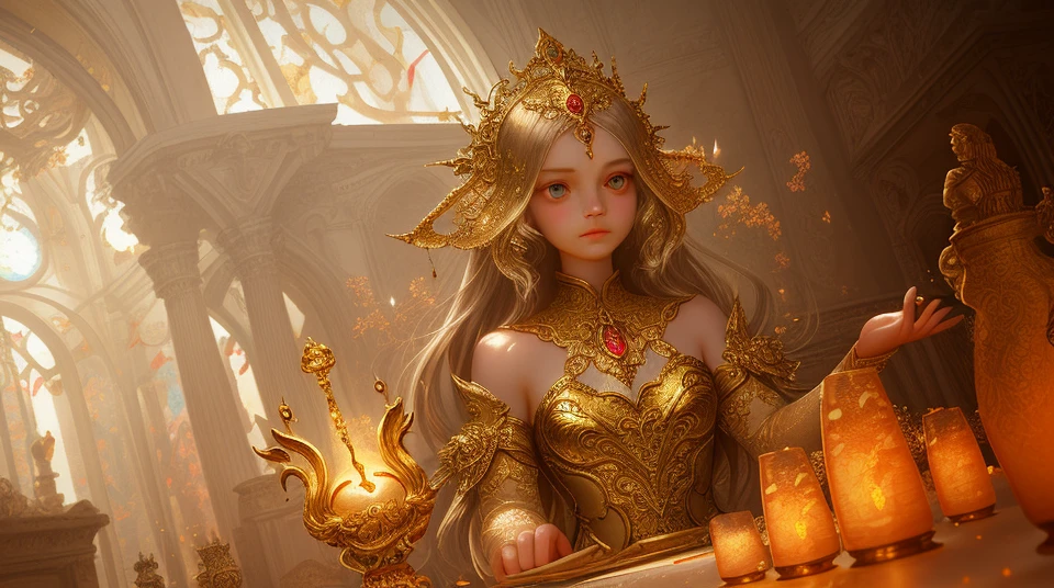 light passes through them. The girl's hands, with their beautiful and detailed shadows, gracefully manipulate the glass pieces, revealing the true essence of her creative spirit. Her red blush and shiny skin add a touch of warmth to the scene, making the moment feel both inspiring and intimate. The room is filled with a soft, enchanting glow, adding to the allure of this breathtaking artwork. This mesmerizing piece, created with smooth CG art, is a true testament to the power of human ingenuity and the limitless possibilities of the artistic mind.