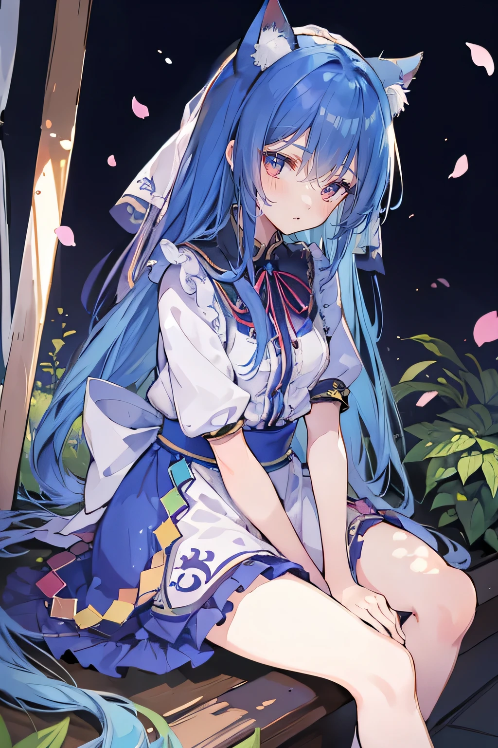 (masterpiece:1.2),ultra-detailed,realistic,expressive eyes,fair-skinned,perfectly shaped face,1girl,
Japanese cartoons,Gorgeous blue hair, flowing blue hair,floating clothes,cat ears,petals falling,beautiful Lola,Hina Angel,
hands on waist,gracefully sitting on the ground,legs crossed,gentle and serene background,cool and comfortable pavilion.