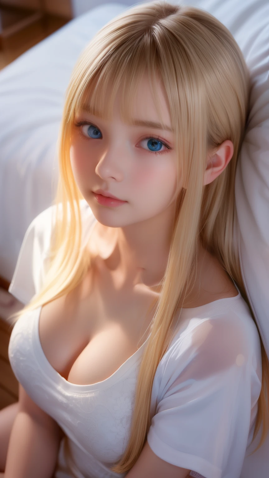 Beautiful innocent 20 year old blonde girl、Beautiful shining platinum blonde hair、bangs fall on face、((Wearing an open white T-shirt,Dramatic Pose)),sexy look,Super long straight blonde silky hair,Bed Background,Beach Background、RAW Photos, (8k、highest quality、masterpiece:1.2)、(Intricate details:1.4)、(Realistic:1.4)、Octane Rendering、Ultra-detailed with exquisite 3D rendering, Studio Soft Light, Rim Light, Crisp details, Super Detail, Realistic skin texture, Cheek gloss、Detailed aspect, Very beautiful bright pale blue eyes, Very big eyes、Highly detailed CG Unity 16k wallpaper, Perfect beauty、Round face、compensate, (Detailed Background:1.2), Shiny skin, whole body、From head to thighs、Cleavage,((sleep with your head up、Angle of view from above))