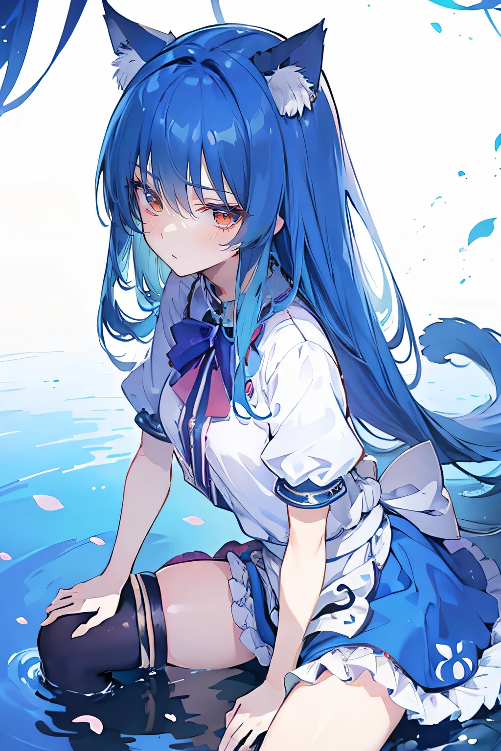 (masterpiece:1.2),ultra-detailed,realistic,expressive eyes,fair-skinned,perfectly shaped face,1girl,
Japanese cartoons,Gorgeous blue hair, flowing blue hair,floating clothes,cat ears,petals falling,beautiful Lola,Hina Angel,
hands on waist,gracefully sitting on the ground,legs crossed,gentle and serene background,cool and comfortable pavilion.