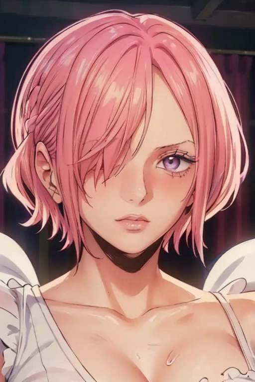 (((masterpiece))), (((best quality))), ((ultra-detailed)), (highly detailed CG illustration), vinsmoke reiju, , (masterpiece:1.5), Detailed Photo, Sexy, (Best Quality: 1.4), (1girl), Beautiful Face, (Pink Hair, short Hair: 1.3), Beautiful Hairstyle, beautiful detail eyes, (realistic skin), beautiful skin, absurd, attractive, ultra high resolution, high definition, (sexually aroused:1.5), Pinkish white skin, cool white light, sexy pose, Beautiful , white background, pink soft white light, Wear a white tank top and white underwear, (Hair covering right eye:1.5), 