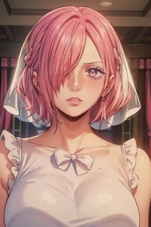 (((masterpiece))), (((best quality))), ((ultra-detailed)), (highly detailed CG illustration), vinsmoke reiju, , (masterpiece:1.5), Detailed Photo, Sexy, (Best Quality: 1.4), (1girl), Beautiful Face, (Pink Hair, short Hair: 1.3), Beautiful Hairstyle, beautiful detail eyes, (realistic skin), beautiful skin, absurd, attractive, ultra high resolution, high definition, (sexually aroused:1.5), Pinkish white skin, cool white light, sexy pose, Beautiful , white background, pink soft white light, Wear a white tank top and white underwear, (Hair covering right eye:1.5), 