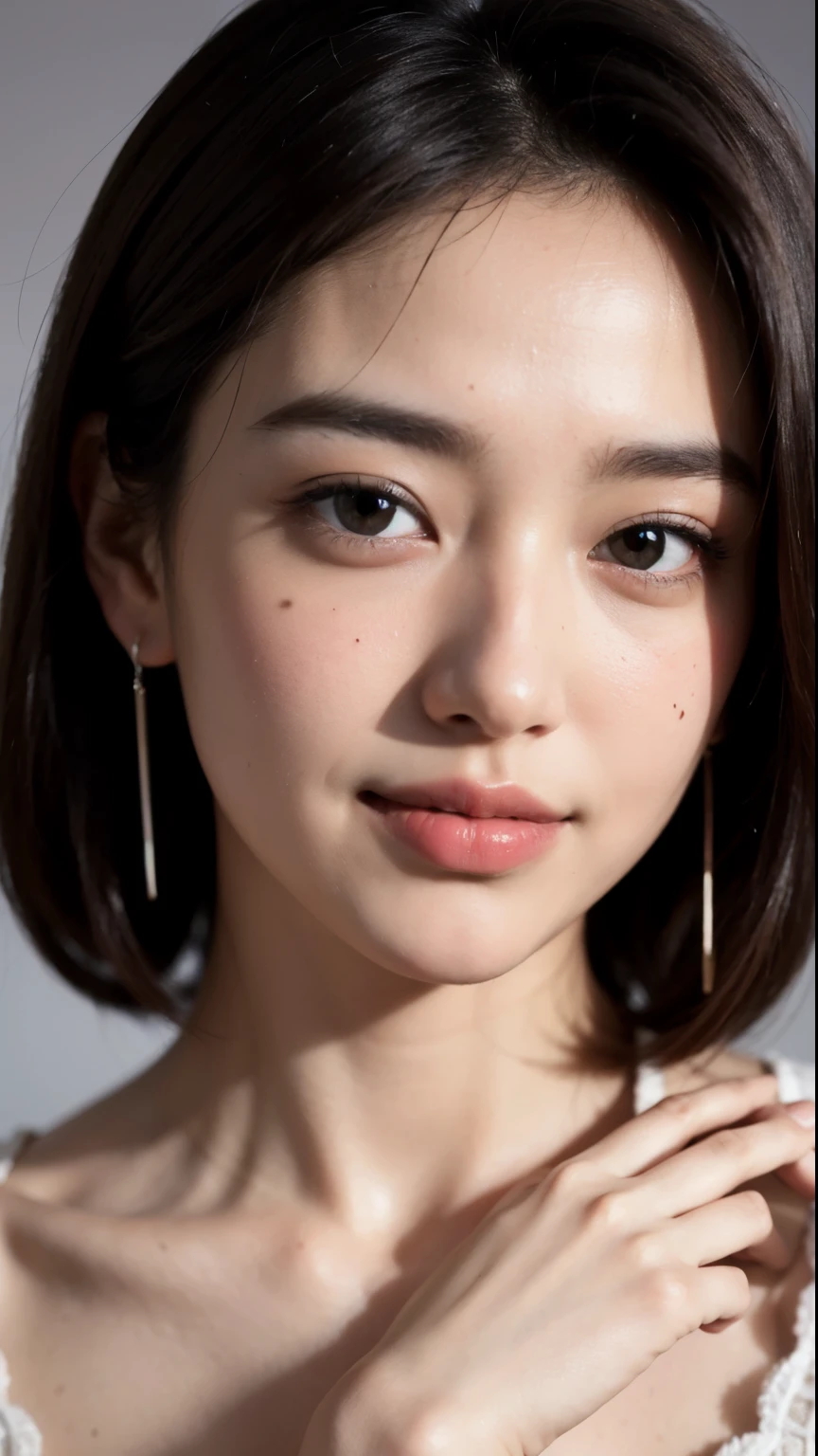 (highest quality, 8k, 32k, masterpiece, Ultra-high resolution:1.2),Beautiful Japanese Women Photos, alone, 1 girl, Glowing Skin, Glittering earrings, glamorous, Quirky details, Charm, Exposing shoulders, Sheer silk lace crop top, Tight Skirt, Shallow depth of field, Contrasting, Professional models, Look forward, Overbyte、Mouth half open、blush:2.5、(Large Breasts)、Random hairstyles for short hair、Black Hair、close up face、Portrait、Teeth are visible、Wide mouth、Droopy eyes、round face、Multiple moles、Fair skin、A lively 24-year-old、Brown eyes、Big smile、(Chubby),The gesture of pulling up the hair、I can see the side