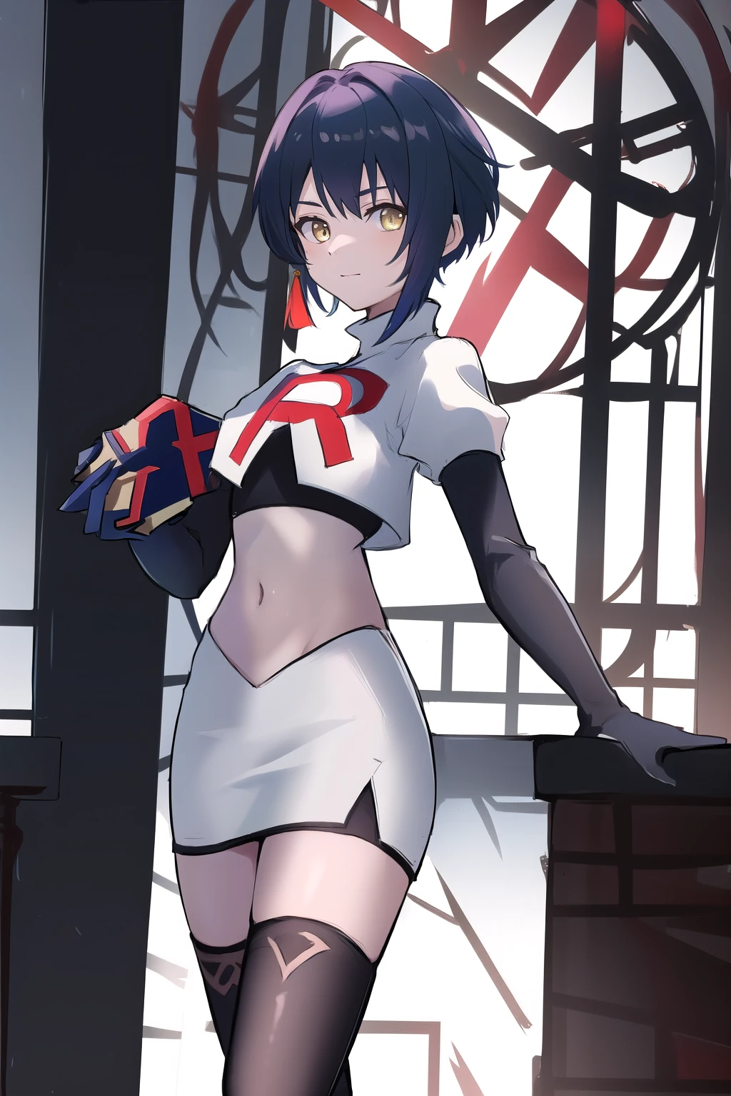 masterpiece, absurdres,genshin impact, Genshin Impact, game character, video game, (xingqiu),yellow eyes, short blue hair,male focus, trap, crossdressing,1boy,team rocket,team rocket uniform,white skirt,red letter R,crop top,black thigh-highs,black elbow gloves