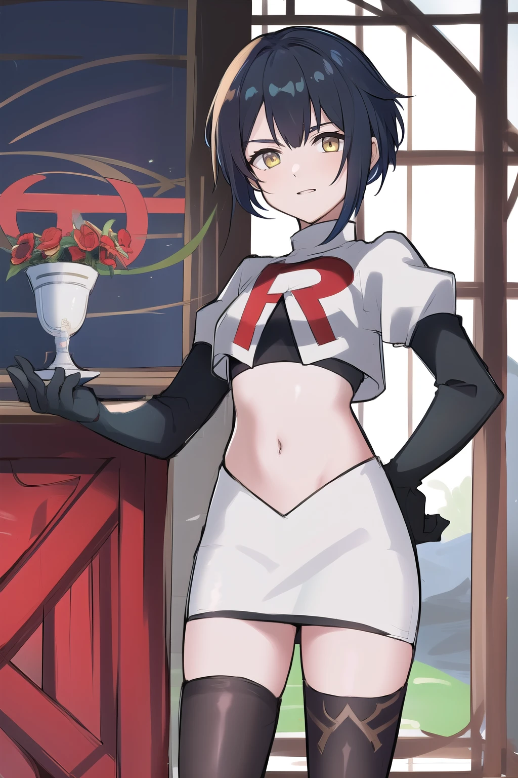 masterpiece, absurdres,genshin impact, Genshin Impact, game character, video game, (xingqiu),yellow eyes, short blue hair,male focus, trap, crossdressing,1boy,team rocket,team rocket uniform,white skirt,red letter R,crop top,black thigh-highs,black elbow gloves