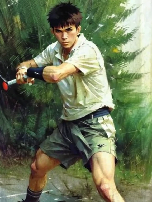 Homem Badminton Player face, style greg rutkowski realist, style anime, pique, 17 anos