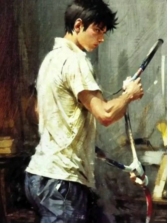 Homem Badminton Player face, style greg rutkowski realist, style anime, pique, 17 anos