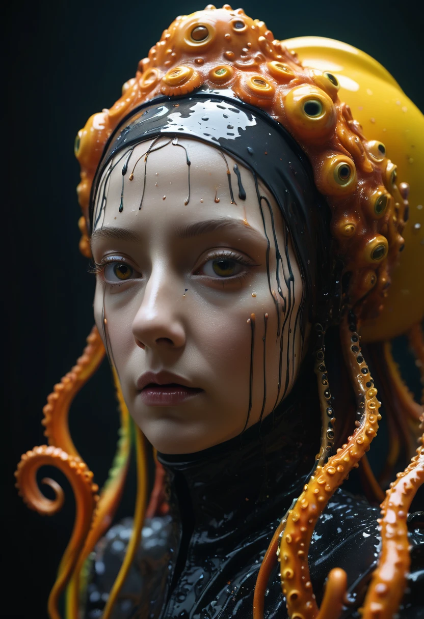 8K, ARTISTIC photogrAphy, best quAlity, mAsterpiece: 1.2), A (potrAit:1.2) witch BLOOD Toon Doll Cthulhu nun QUEEN, ORANGE many octopus style tentacles, full body RAW candid cinema, yellow hair, 16mm, color graded portra 400 film, remarkable color, ultra realistic, sad admosphere, dark lighting, oppressive atmosphere, depressive colors, kodak portra 400, photograph,r, Natural Light, Pinhead lighgts, blur reflection, Brush Strokes, Smooth, abstract, Splatter, Oil On Canvas, rainbow colors, fractal isometrics details bioluminescens : a stunning realistic photograph of wet bone structure, 3d render, octane render, intricately detailed, titanium decorative headdress, cinematic, trending on artstation | Isometric | Centered