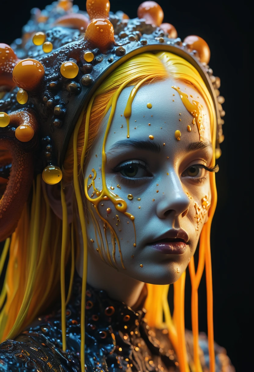 8K, ARTISTIC photogrAphy, best quAlity, mAsterpiece: 1.2), A (potrAit:1.2)  witch BLOOD Toon Doll Cthulhu nun QUEEN, ORANGE many octopus style tentacles, full body RAW candid cinema, yellow hair, 16mm, color graded portra 400 film, remarkable color, ultra realistic, sad admosphere, dark lighting, oppressive atmosphere, depressive colors, kodak portra 400, photograph,r, Natural Light, Pinhead lighgts, blur reflection, Brush Strokes, Smooth, abstract, Splatter, Oil On Canvas, rainbow colors, fractal isometrics details bioluminescens : a stunning realistic photograph of wet bone structure, 3d render, octane render, intricately detailed, titanium decorative headdress, cinematic, trending on artstation | Isometric | Centered