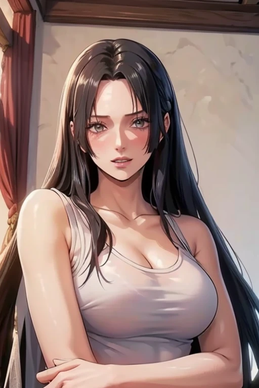 (((masterpiece))), (((best quality))), ((ultra-detailed)), (highly detailed CG illustration), Boa Hancock, (masterpiece:1.5), Detailed Photo, y, (Best Quality: 1.4), (1girl), Beautiful Face, (Black Hair, long Hair: 1.3), Beautiful Hairstyle, beautiful detail eyes, (realistic skin), beautiful skin, absurd, attractive, ultra high resolution, high definition, (sexoused:1.5), Pinkish white skin, cool white light, sexy pose, utiful , white background, pink soft white light, Wear a white tank top, 