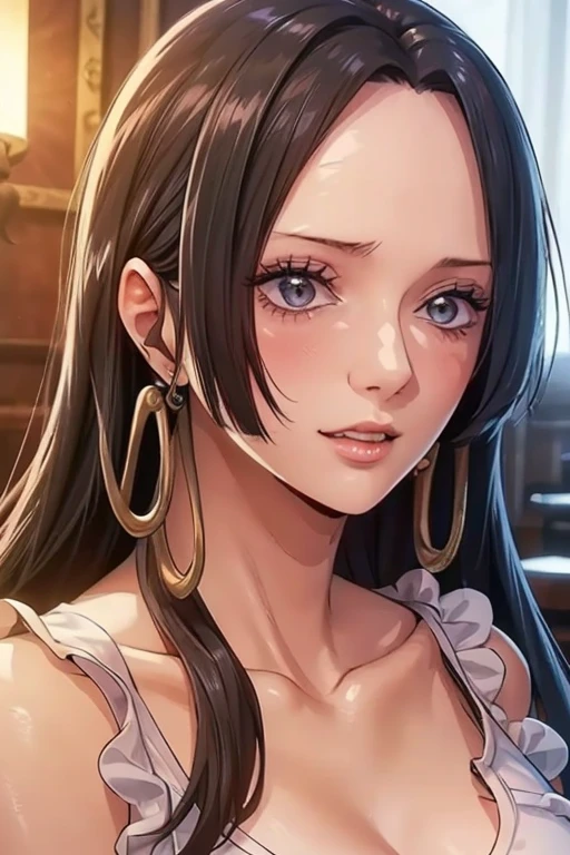 (((masterpiece))), (((best quality))), ((ultra-detailed)), (highly detailed CG illustration), Boa Hancock, (masterpiece:1.5), Detailed Photo, Sexy, (Best Quality: 1.4), (1girl), Beautiful Face, (Black Hair, long Hair: 1.3), Beautiful Hairstyle, beautiful detail eyes, (realistic skin), beautiful skin, absurd, attractive, ultra high resolution, high definition, (sexually aroused:1.5), Pinkish white skin, cool white light, sexy pose, Beautiful , white background, pink soft white light, Wear a white tank top, 