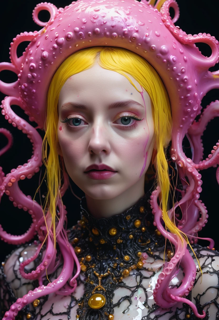 8K, ARTISTIC photogrAphy, best quAlity, mAsterpiece: 1.2), A (potrAit:1.2) witch BLOOD Toon Doll Cthulhu nun QUEEN, PINK many octopus style tentacles, full body RAW candid cinema, yellow hair, 16mm, color graded portra 400 film, remarkable color, ultra realistic, sad admosphere, dark lighting, oppressive atmosphere, depressive colors, kodak portra 400, photograph,r, Natural Light, Pinhead lighgts, blur reflection, Brush Strokes, Smooth, abstract, Splatter, Oil On Canvas, rainbow colors, fractal isometrics details bioluminescens : a stunning realistic photograph of wet bone structure, 3d render, octane render, intricately detailed, titanium decorative headdress, cinematic, trending on artstation | Isometric | Centered